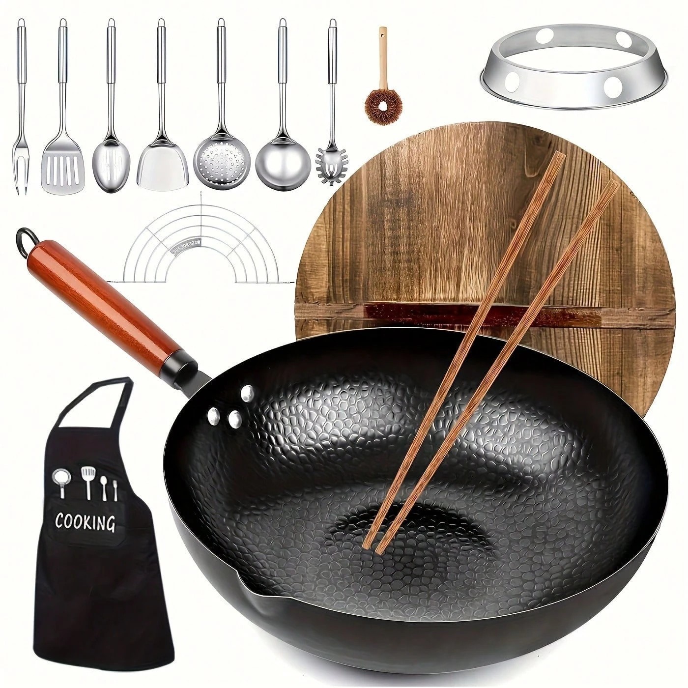 12.6″ Cast Iron Wok Pan With Wooden Lid & 13-Pcs Utensil Set Stir Fry Skillet