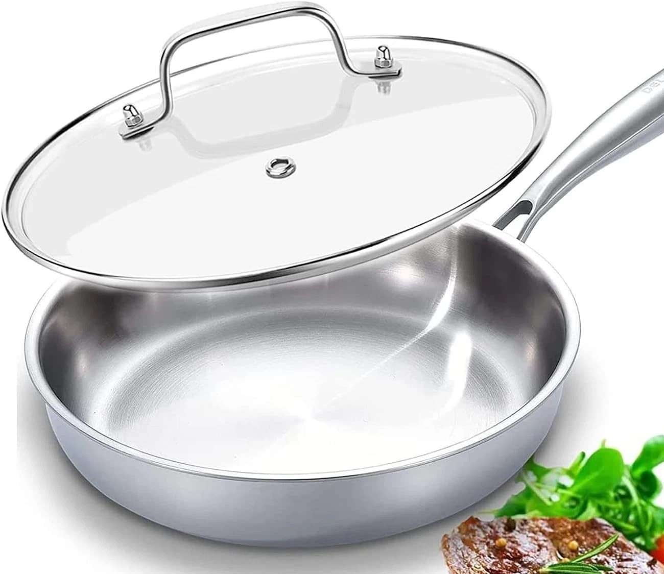 DELARLO Tri-Ply 12″ Stainless Steel FRYING PAN with Glass Lid 18/8 NIB