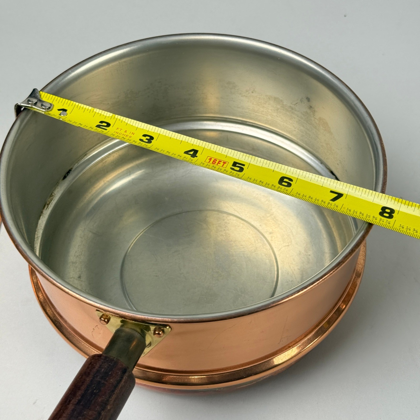 Vintage Copper Double Boiler Pot with Wood Handle and Stand Fondue Set