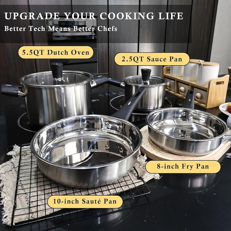 Durable Stainless Steel Cookware Set W/ Stay-Cool Handles & Glass Lids New