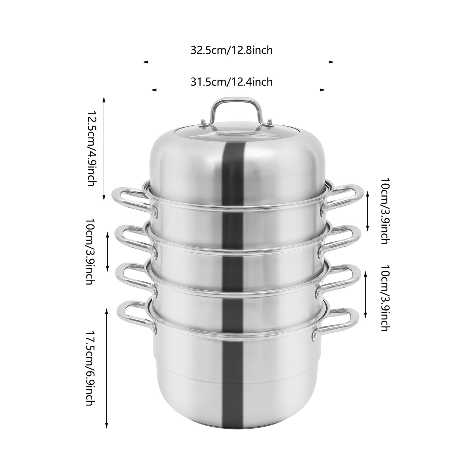 Stackable Stainless Steel Steamer Cooker Pot Glass Lid 5 Layers Large Capacity