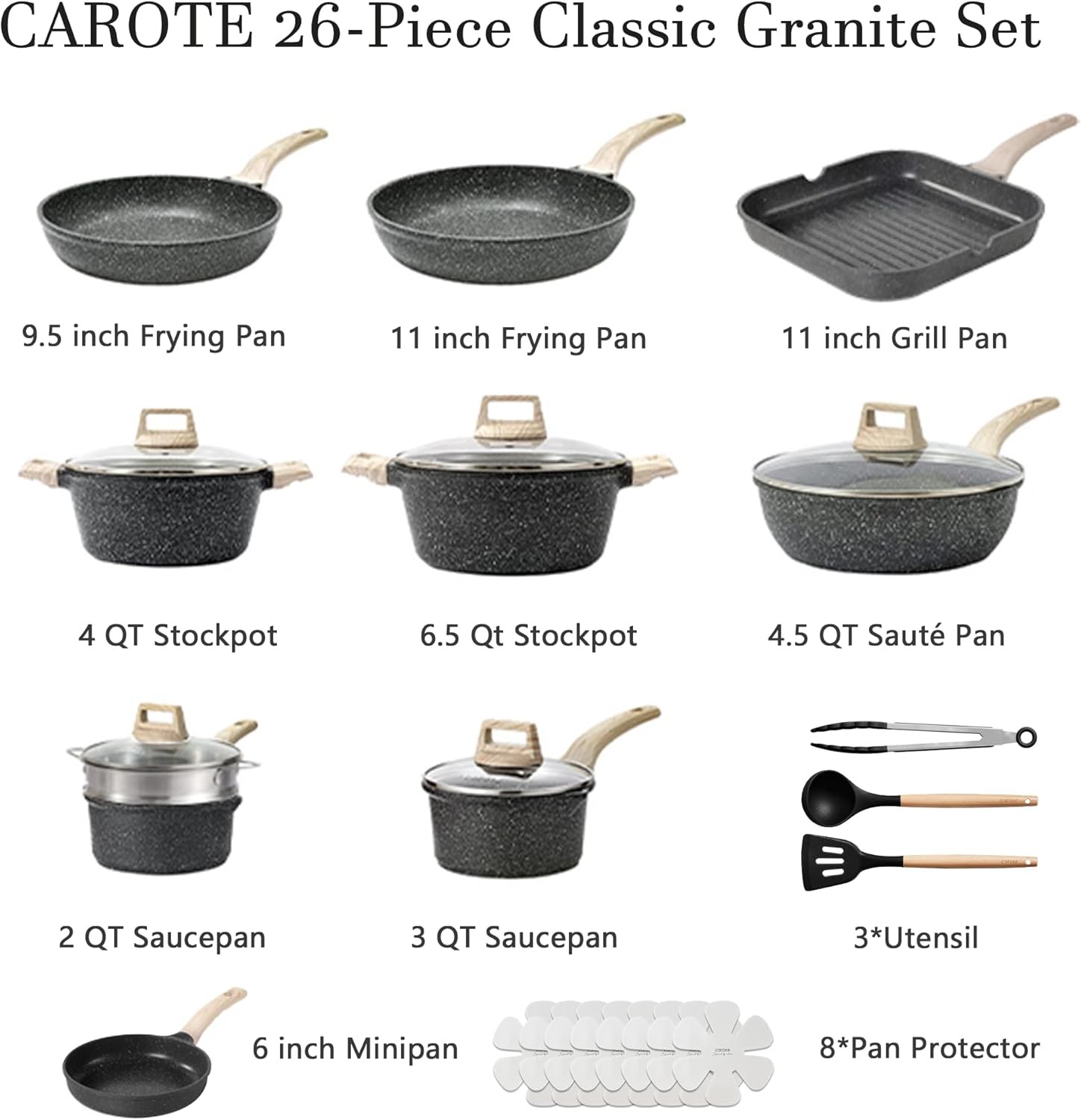 CAROTE 26Pcs Pots and Pans Set, Nonstick Cookware Sets, Classic Black,26 Piece
