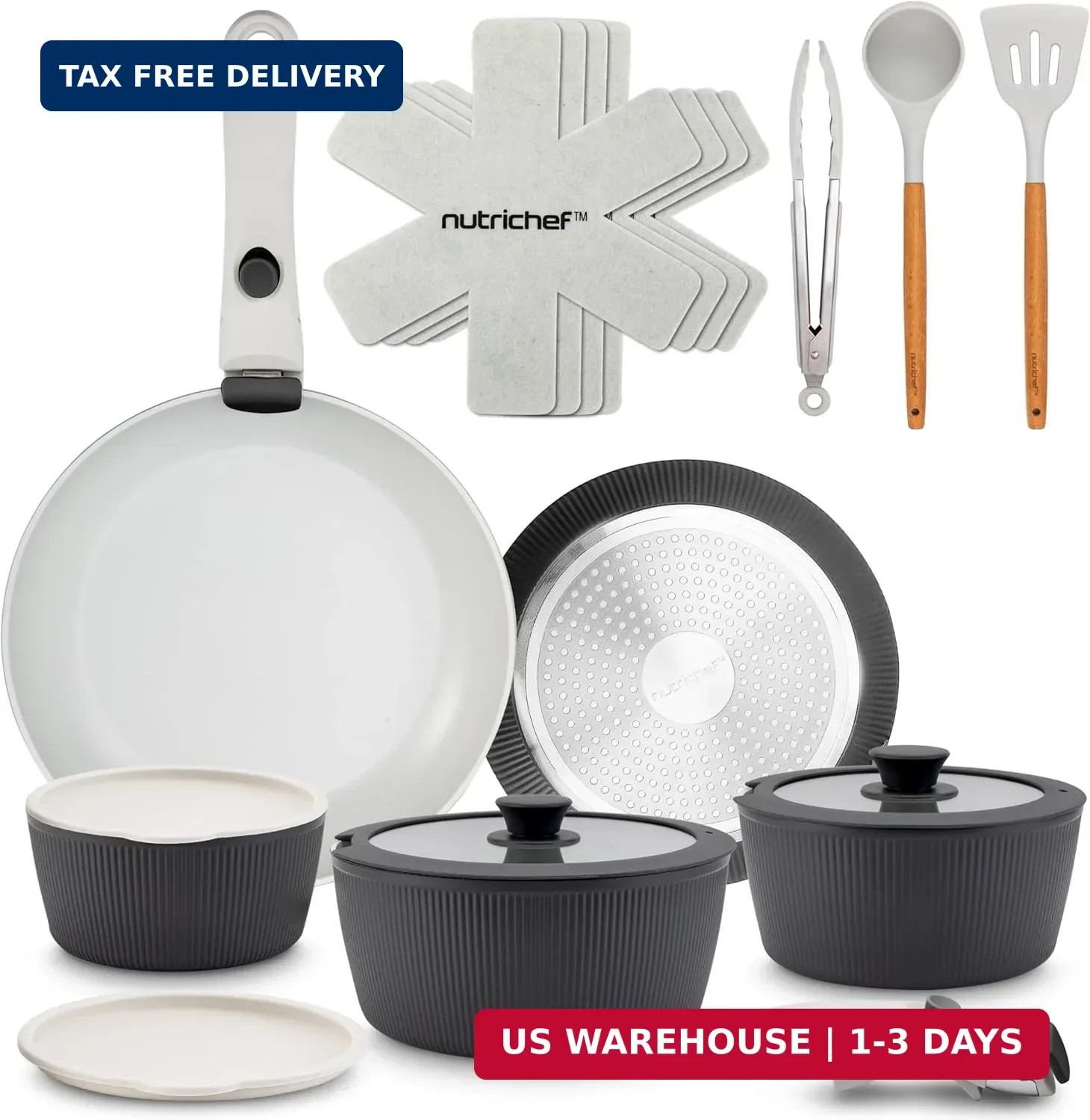 NutriChef 18-Piece Ceramic Cookware Set with Detachable Handles, Non Stick Pots