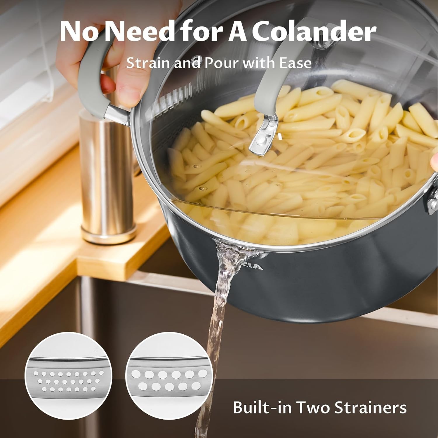 6 Quart Ceramic Non Stick Stock Pot with Strainer Lid & Pour Spout | PFAS-Fre…
