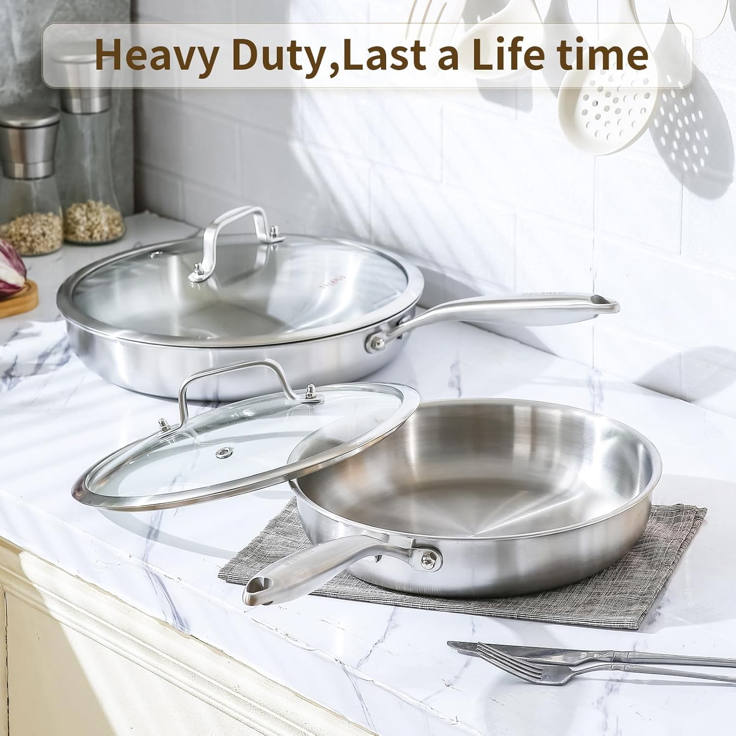 DELARLO Kitchen Whole Body Tri-Ply Stainless Steel Frying Pan, 12 inch,Stainless