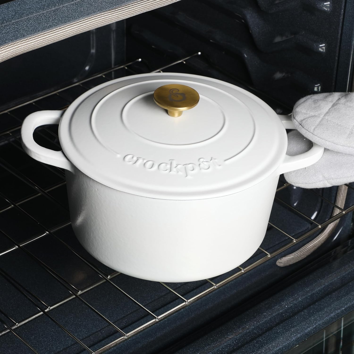 7-Quart Round Dutch Oven Matte Linen White with Gold Knob Enameled Cast Iron