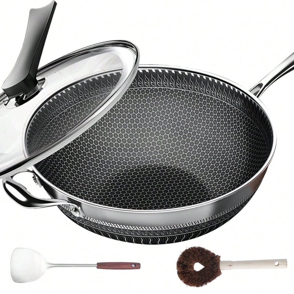 13.3 Inch Stainless Steel Wok Pan with Lid Honeycomb Nonstick Frying Pan