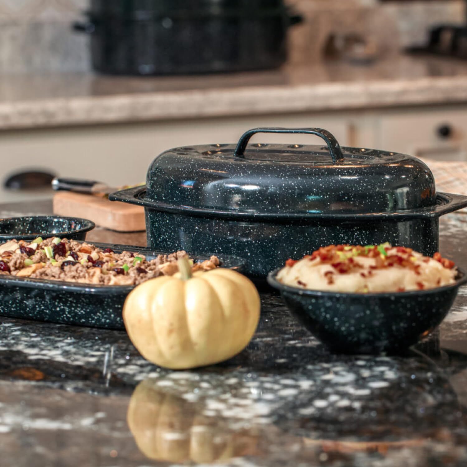 13-inch oval roaster with Lid. Enameled steel design to accommodate up to 7 lb p