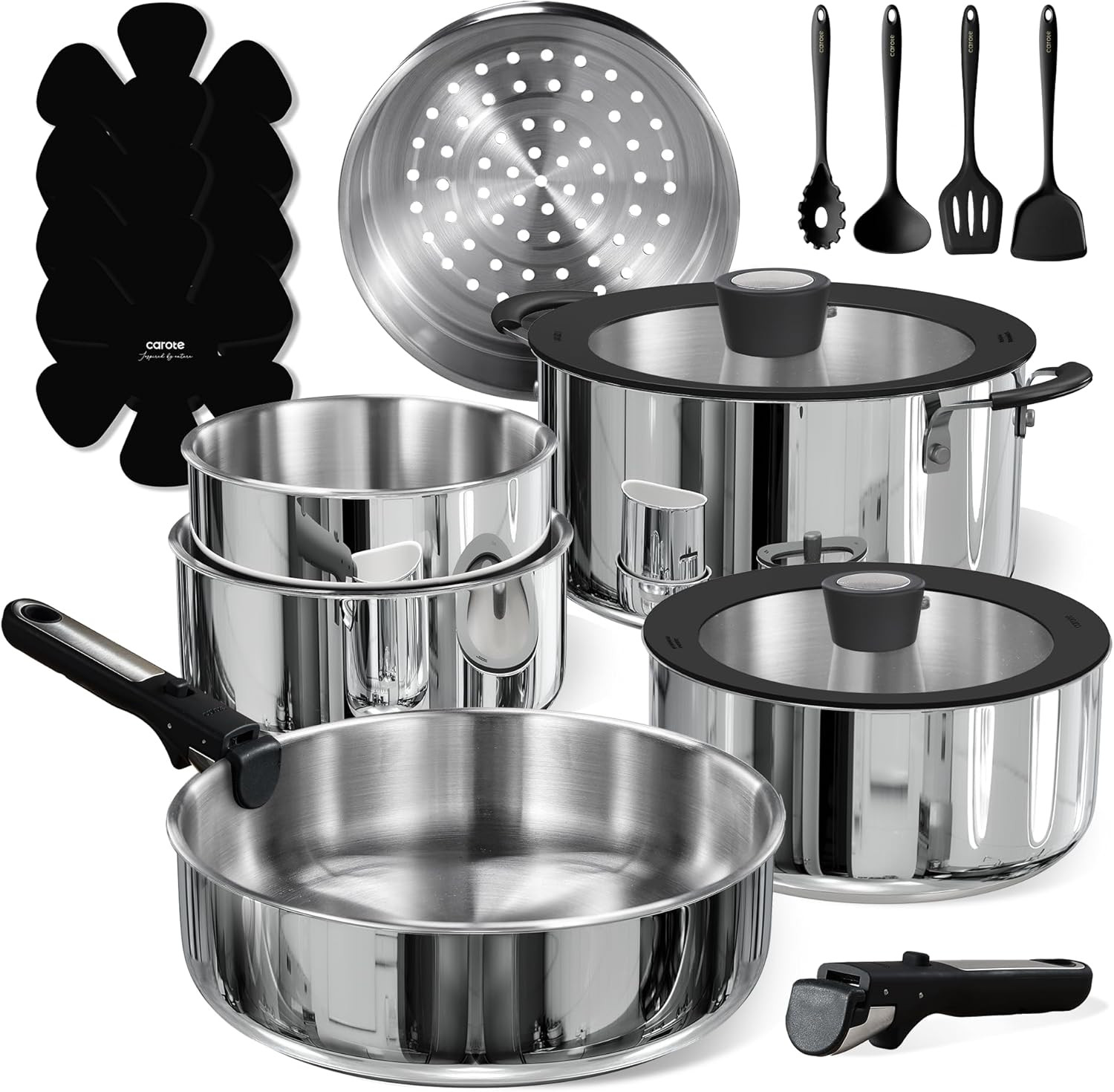 18Pcs Stainless Steel Cookware Set with Detachable Handle, Nonstick Pots and Pan