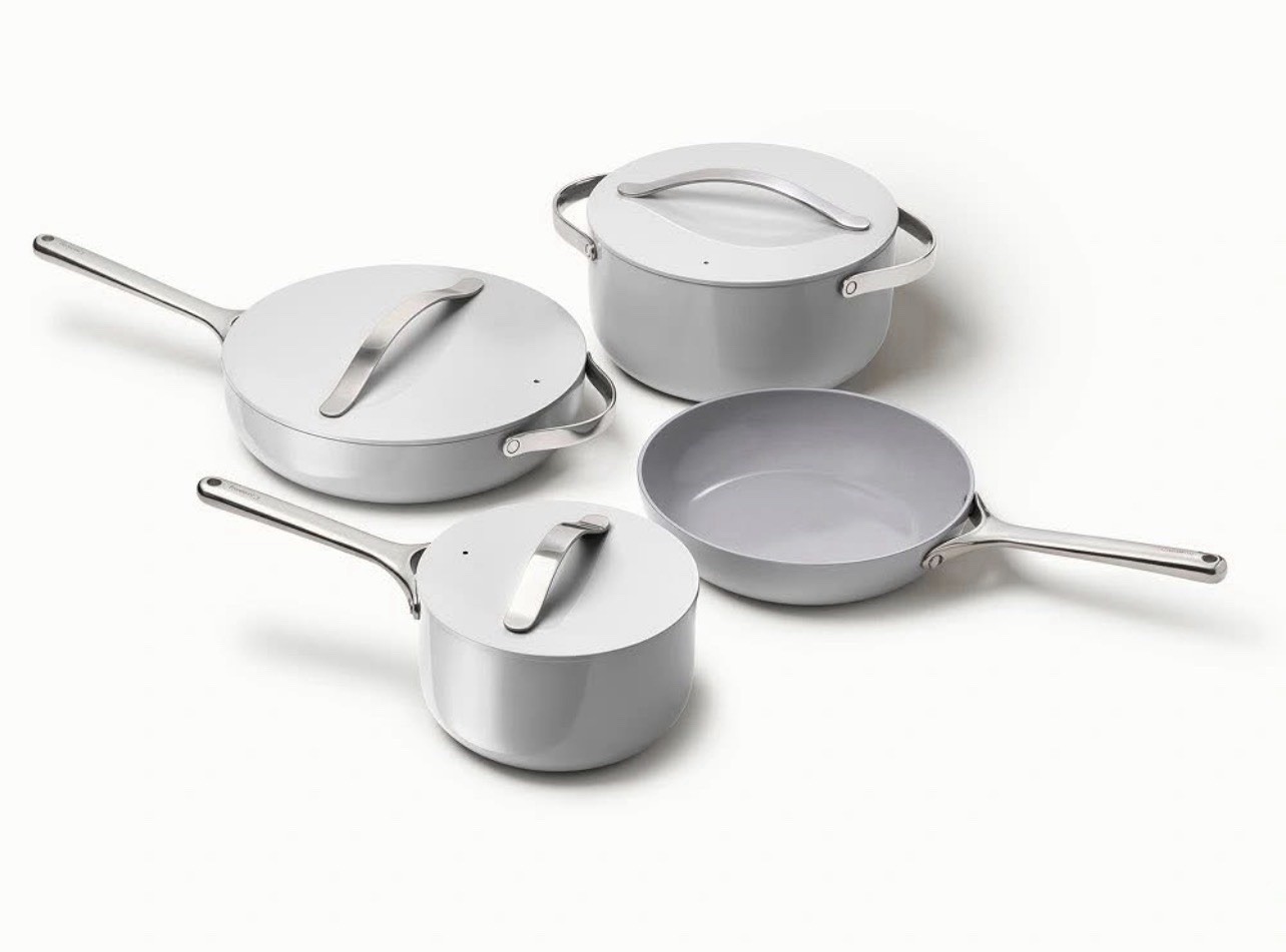 Caraway Ceramic Non-Stick Twelve-Piece Pan Set in Gray Blue with Lids Organizer