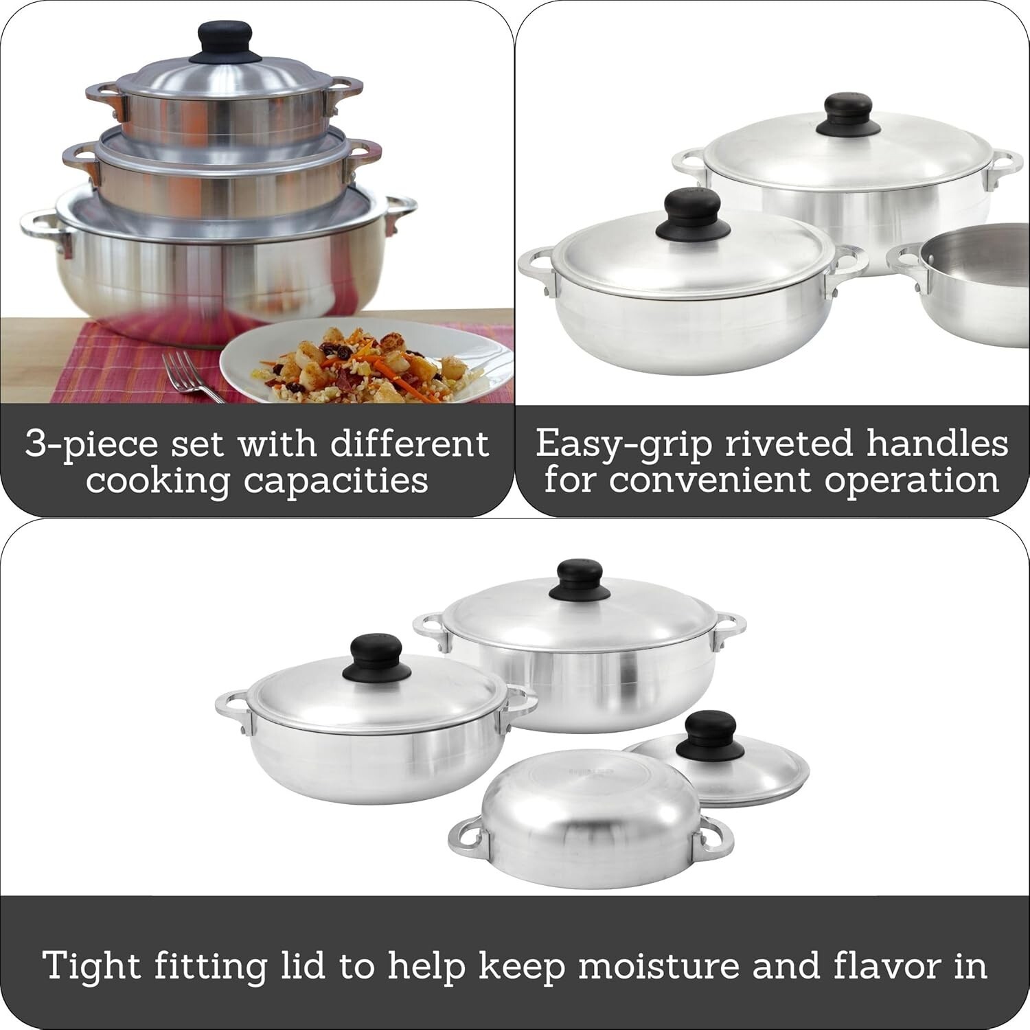 3-Piece Natural Aluminum Caldero Set (1.6/3.2/4.6 Qt) – Elegant Cooking Solution