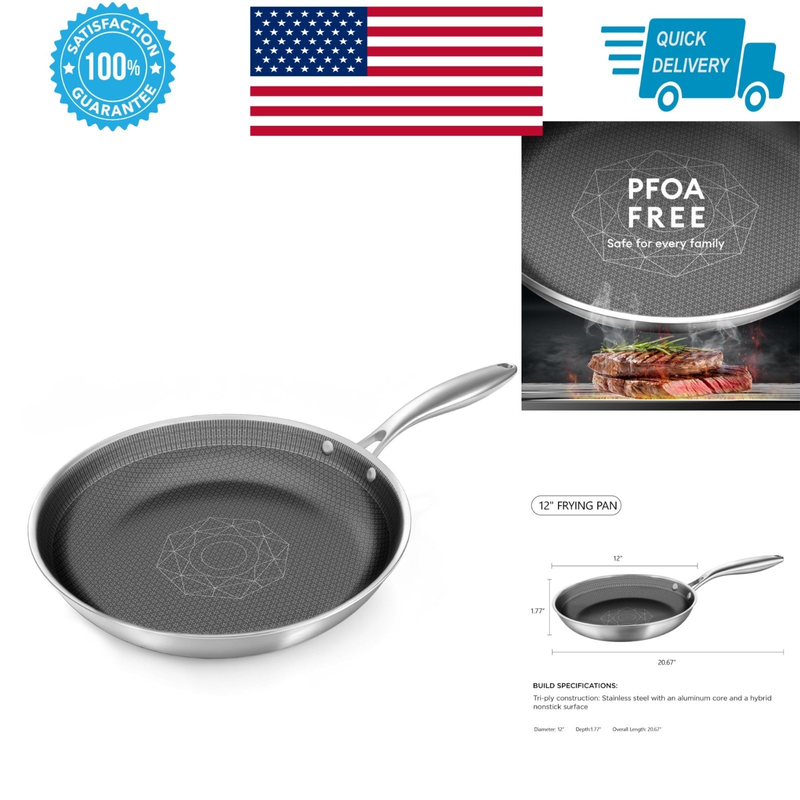 COOKER KING 12-Inch Stainless Steel Nonstick Frying Pan – Induction Compatible