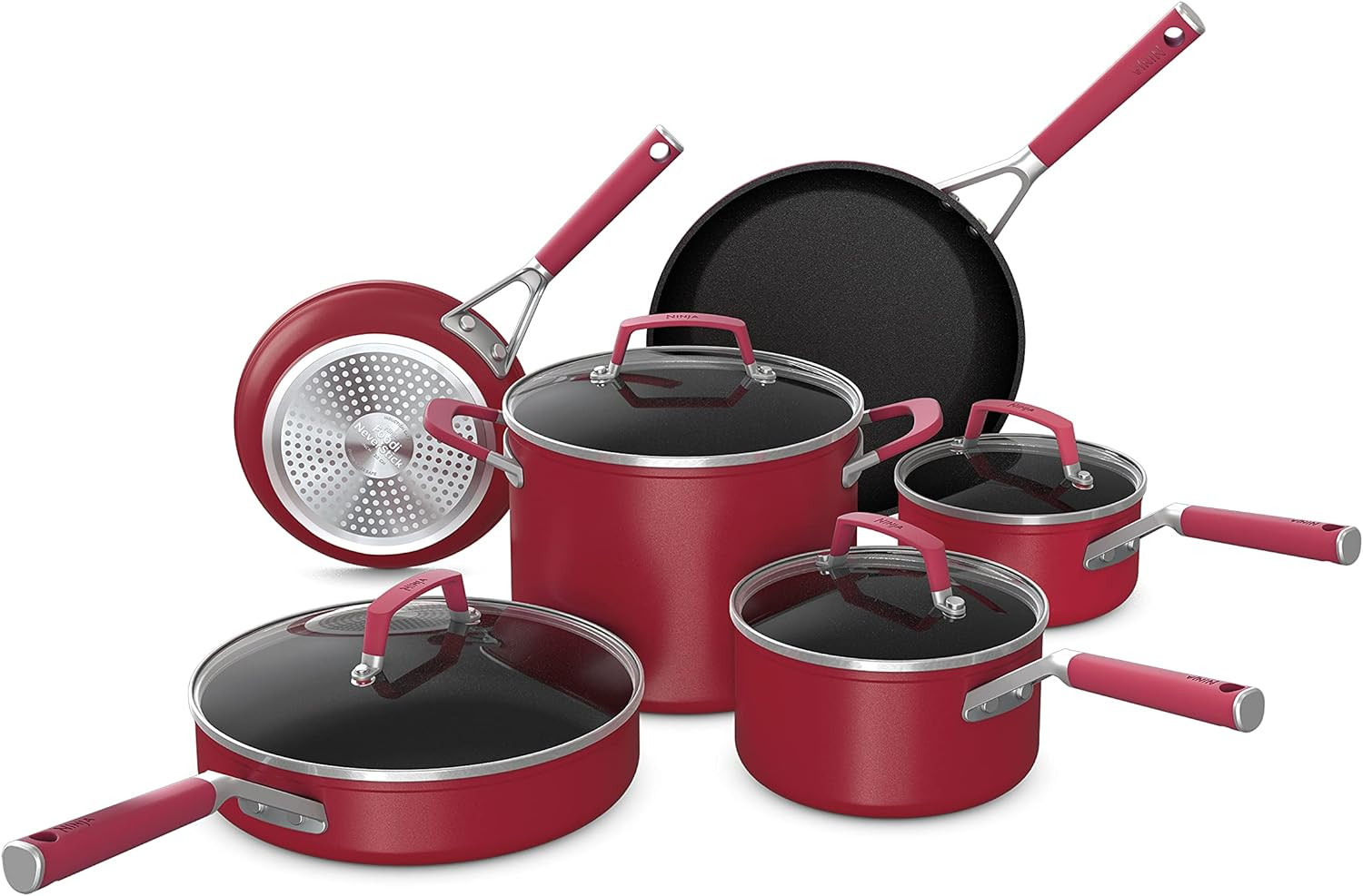 C29500 Foodi Vivid 10-Piece Nonstick Cookware Set, Crimson Red, Oven Safe