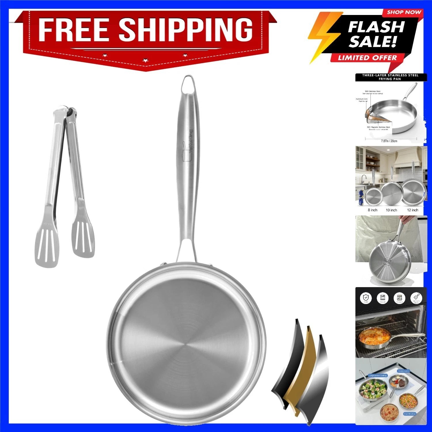 Tri-ply Stainless Steel Frying Pan 8 Inch Small Skillet for Chef’s Cooking Pa…