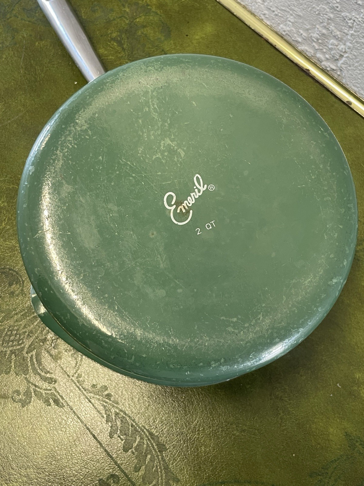 EMERIL 2 Qt Green Sauce Pan Double Pour Spout Steel Pot Handle
