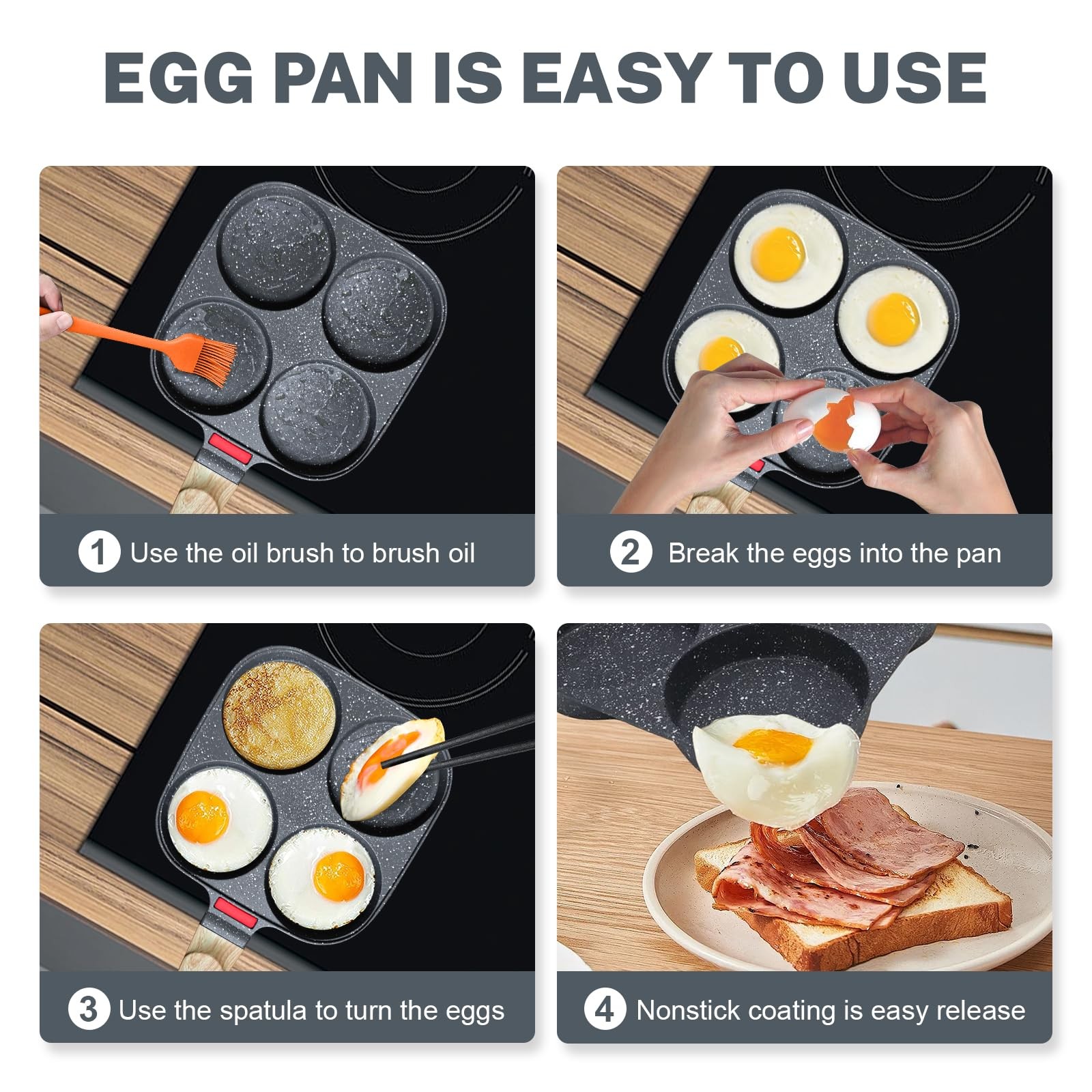 4~Cup Nonstick Egg Pan Set with Lid, Induction & Gas Compatible, Black