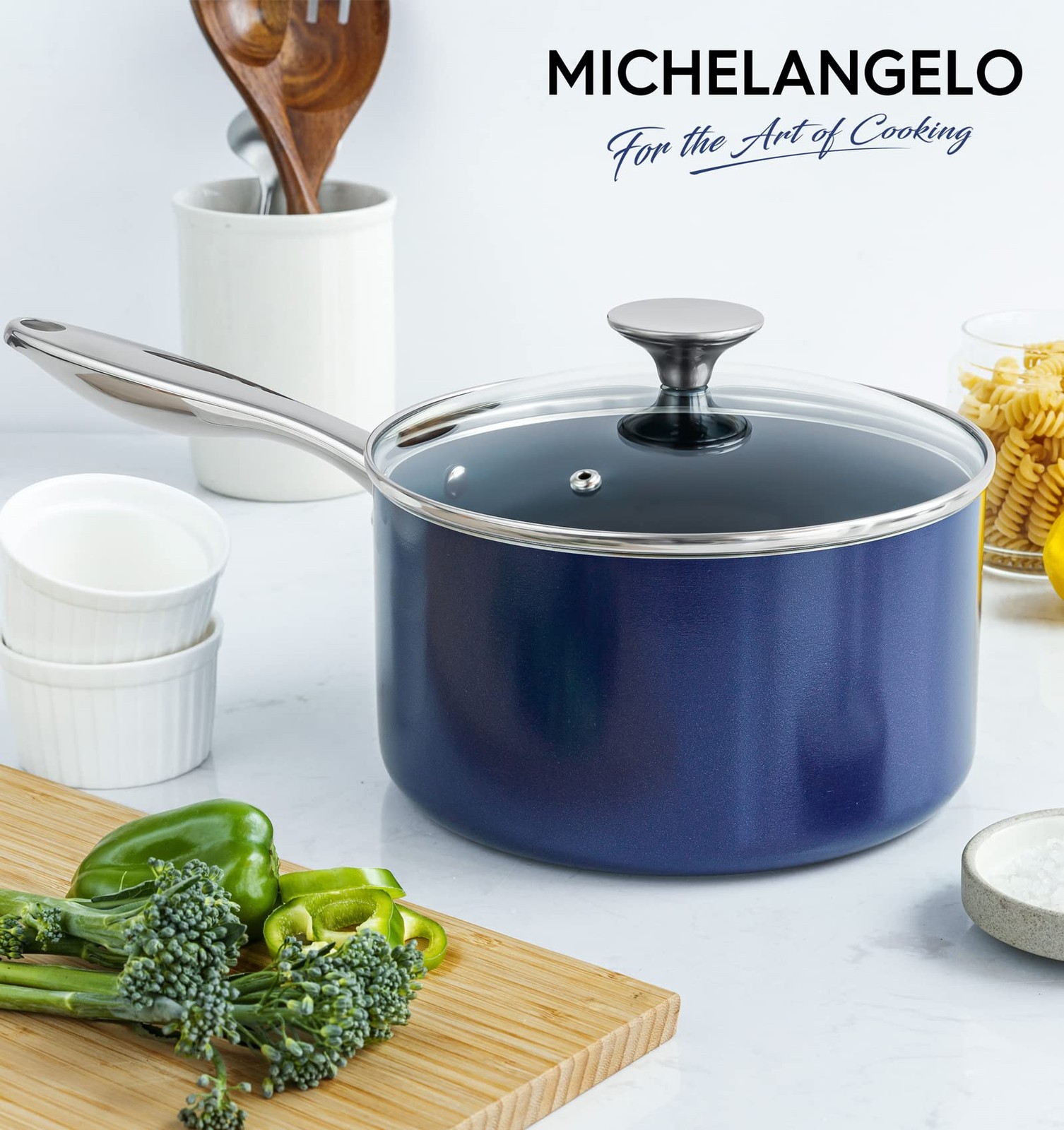 Saucepan With Lid 3 Quart Nonstick Ceramic Stainless Handle Blue Oven Safe