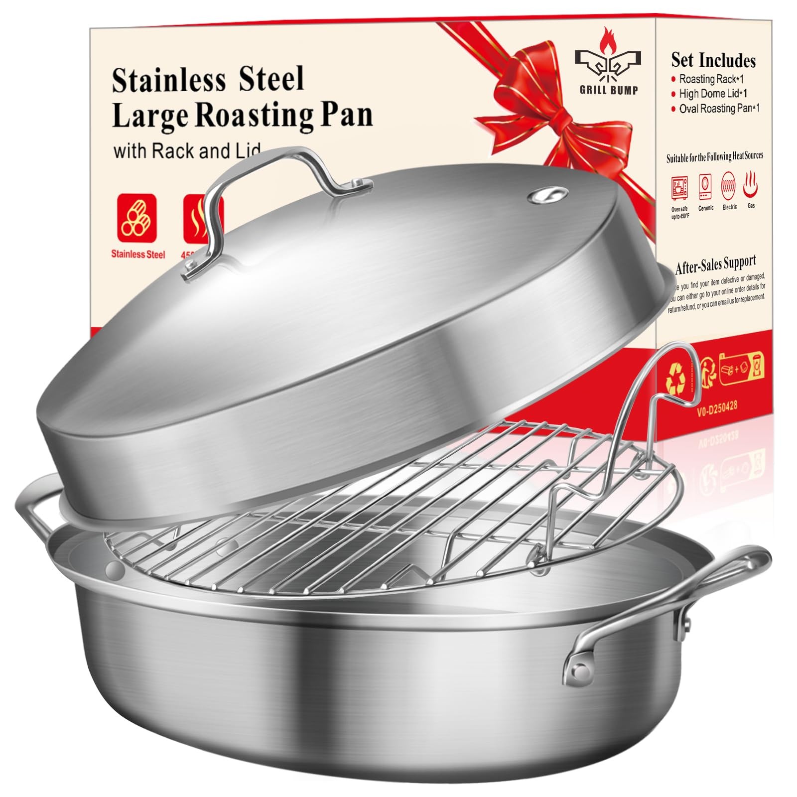 21 Inch Stainless Steel Roasting Pan with Rack and Lid For Turkey Chicken