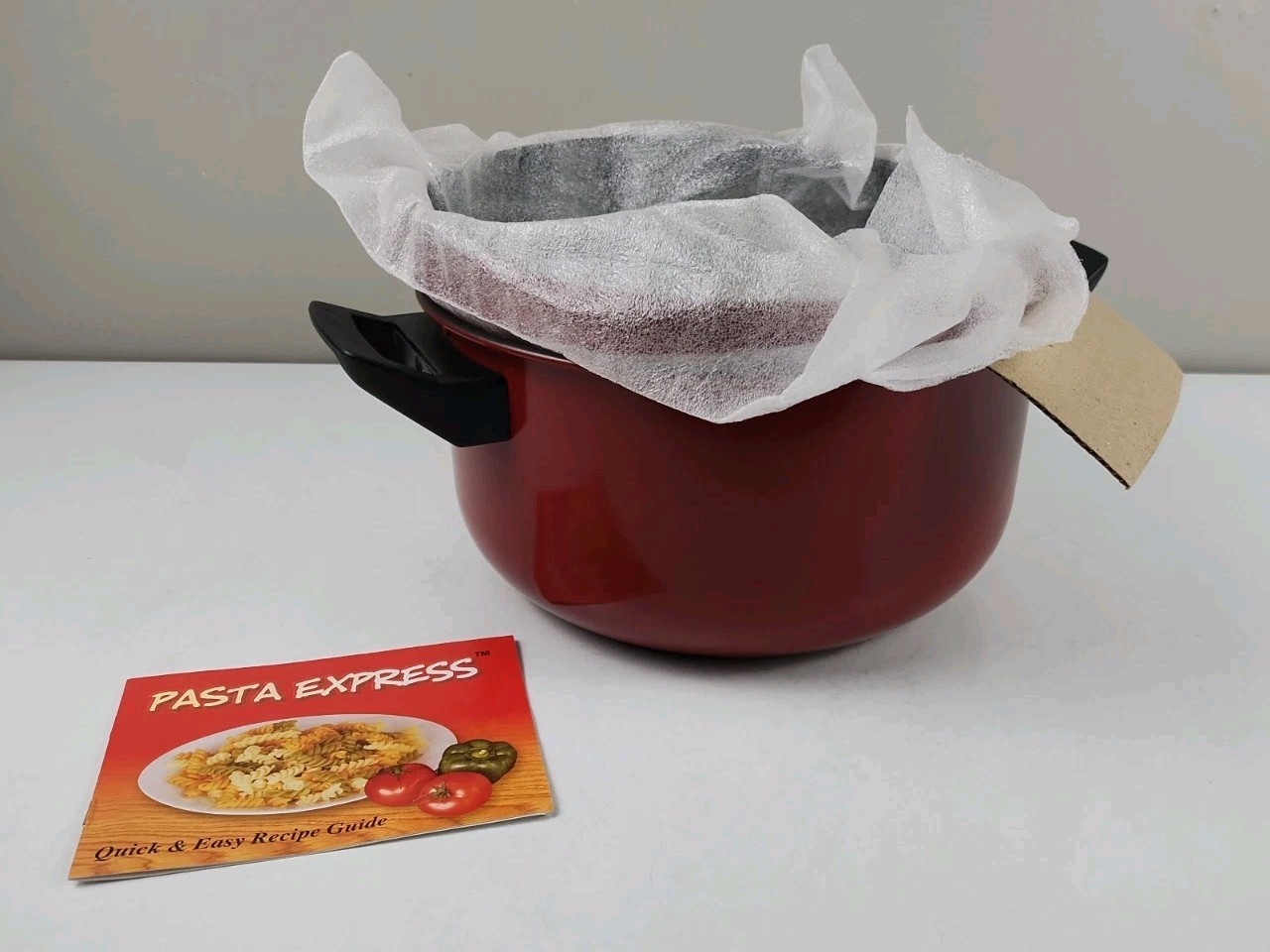 Pasta Express One (1) Red 2 Qt Non-Stick Pasta Pot With Locking Strainer Lid