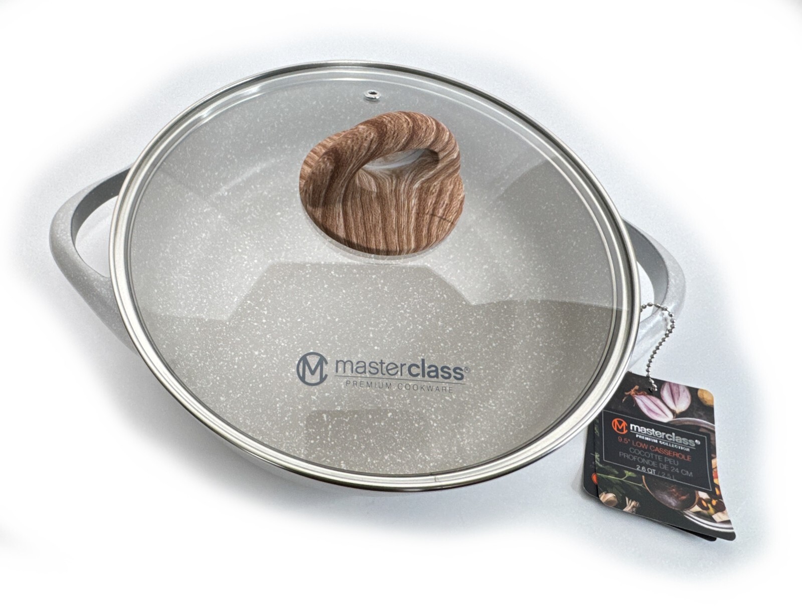 MasterClass 2.6qt Low Casserole 9.5″ Non-Stick Aluminum w/Dual Handles+Glass Lid
