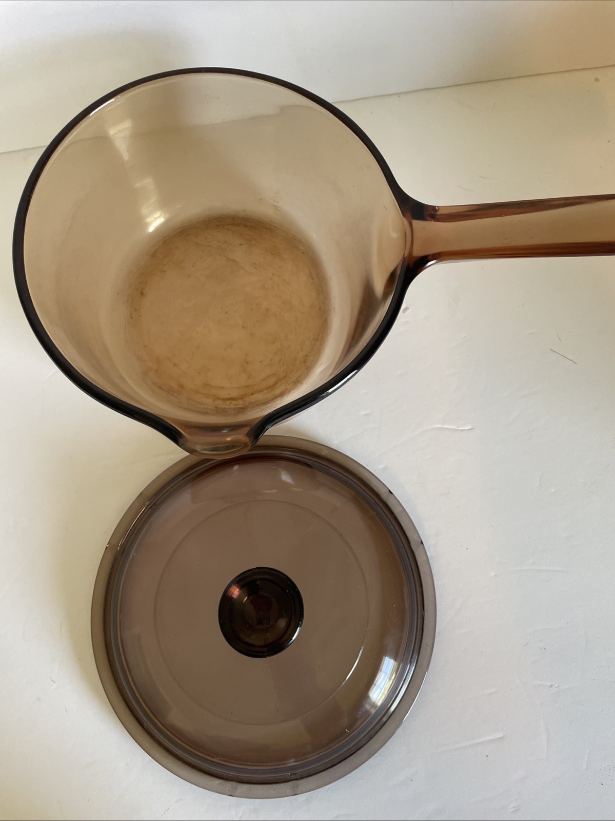 Vtg Vision Corning Ware 1L Amber Sauce Pan Pot w/Pour Spout & Pyrex Lid