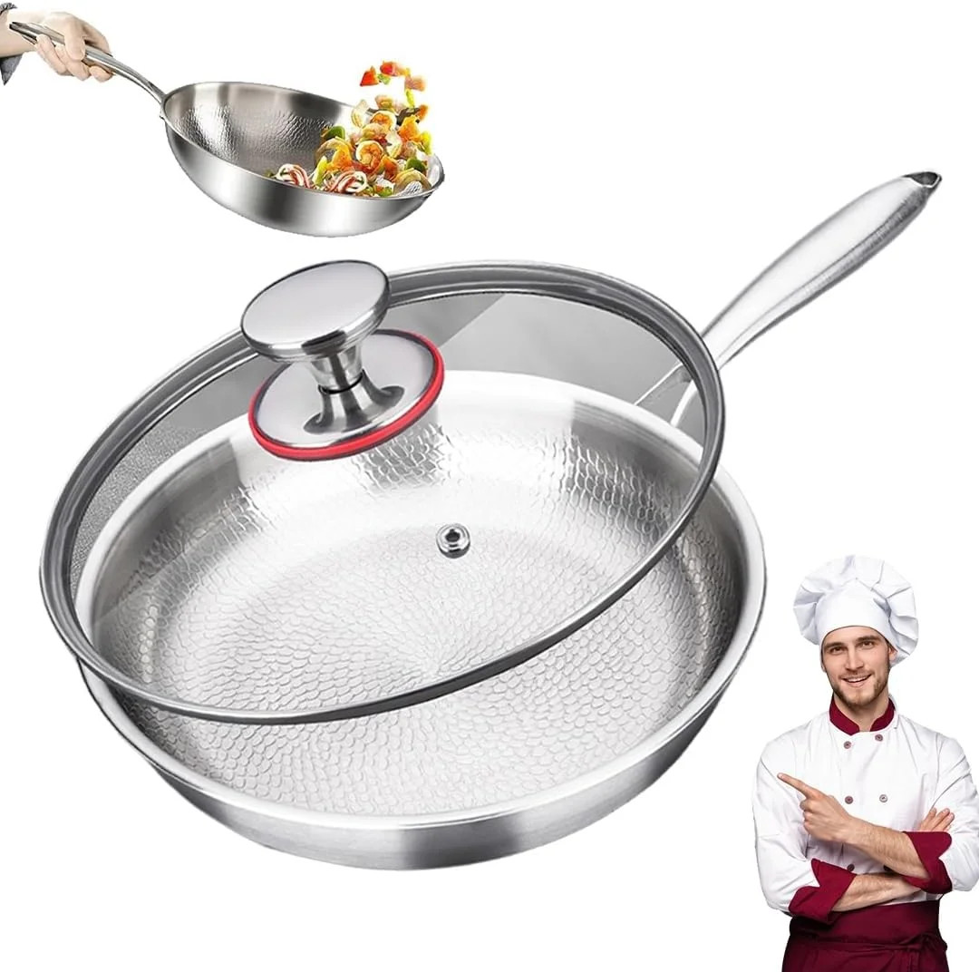 Titanium Frying Pan with Lid, 26cm Professional Stainless Steel Skillet, Nonstic