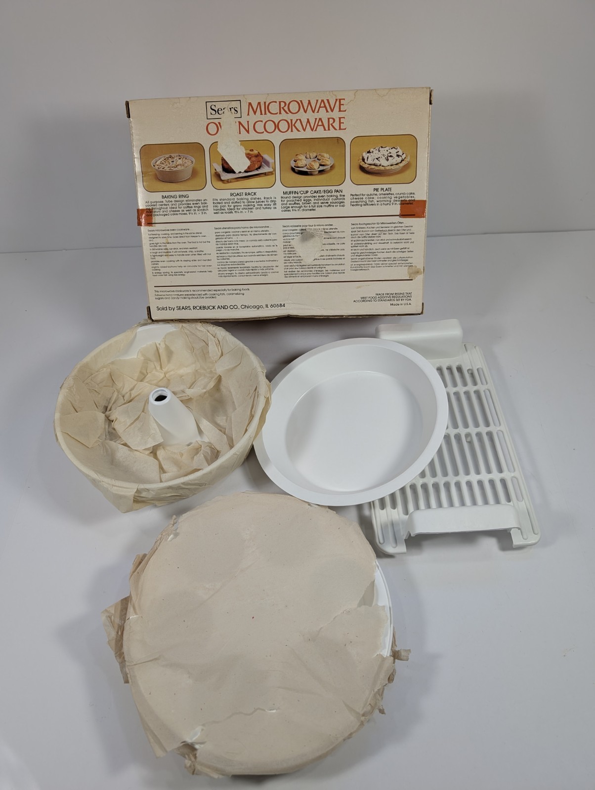 Vintage Sears Microwave Oven Cookware 4 Piece Set Baking Ring Pie Plate Rack USA