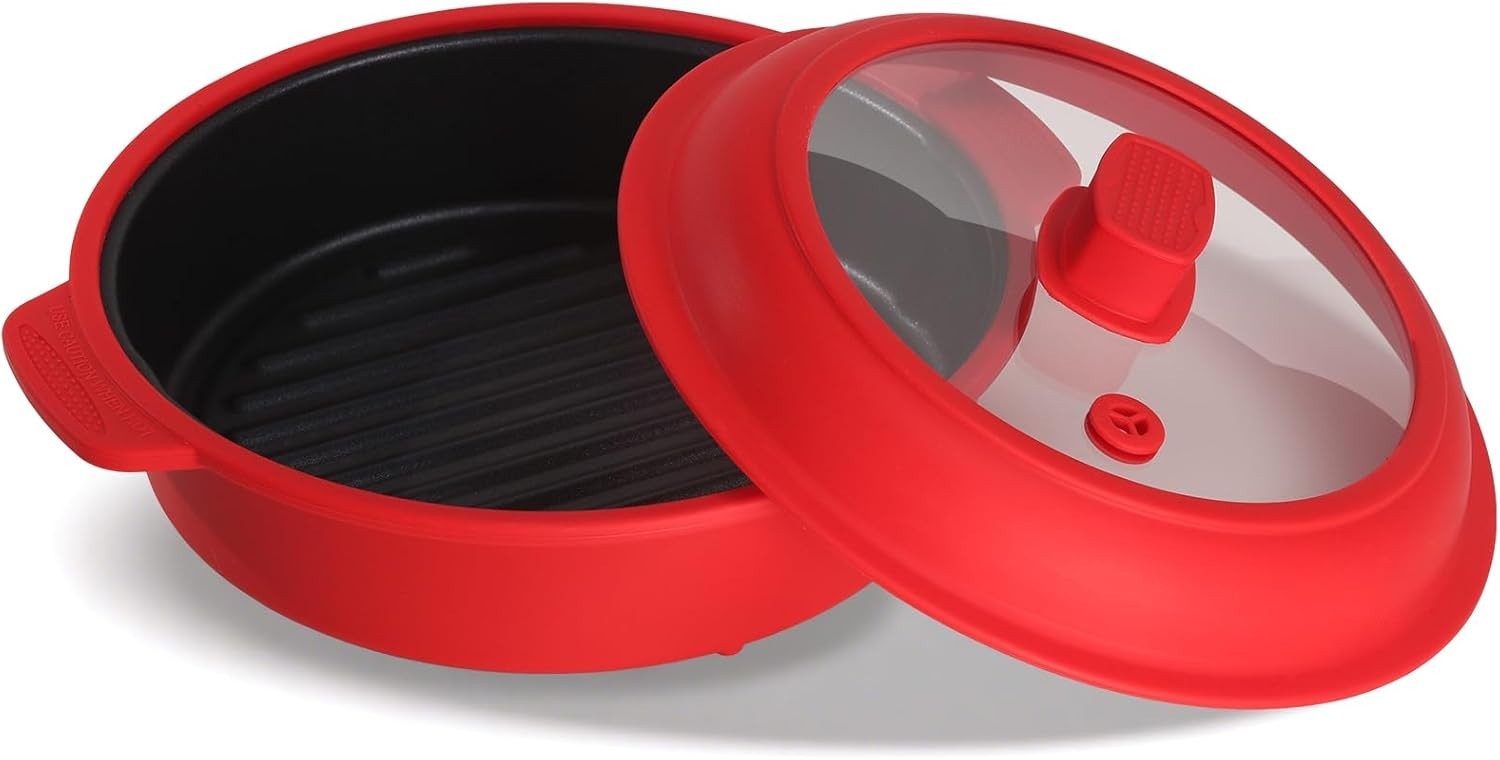 Microwave Grill Pan, Fry Griddle Crisper Pan with Lid for Grilling Browning a…