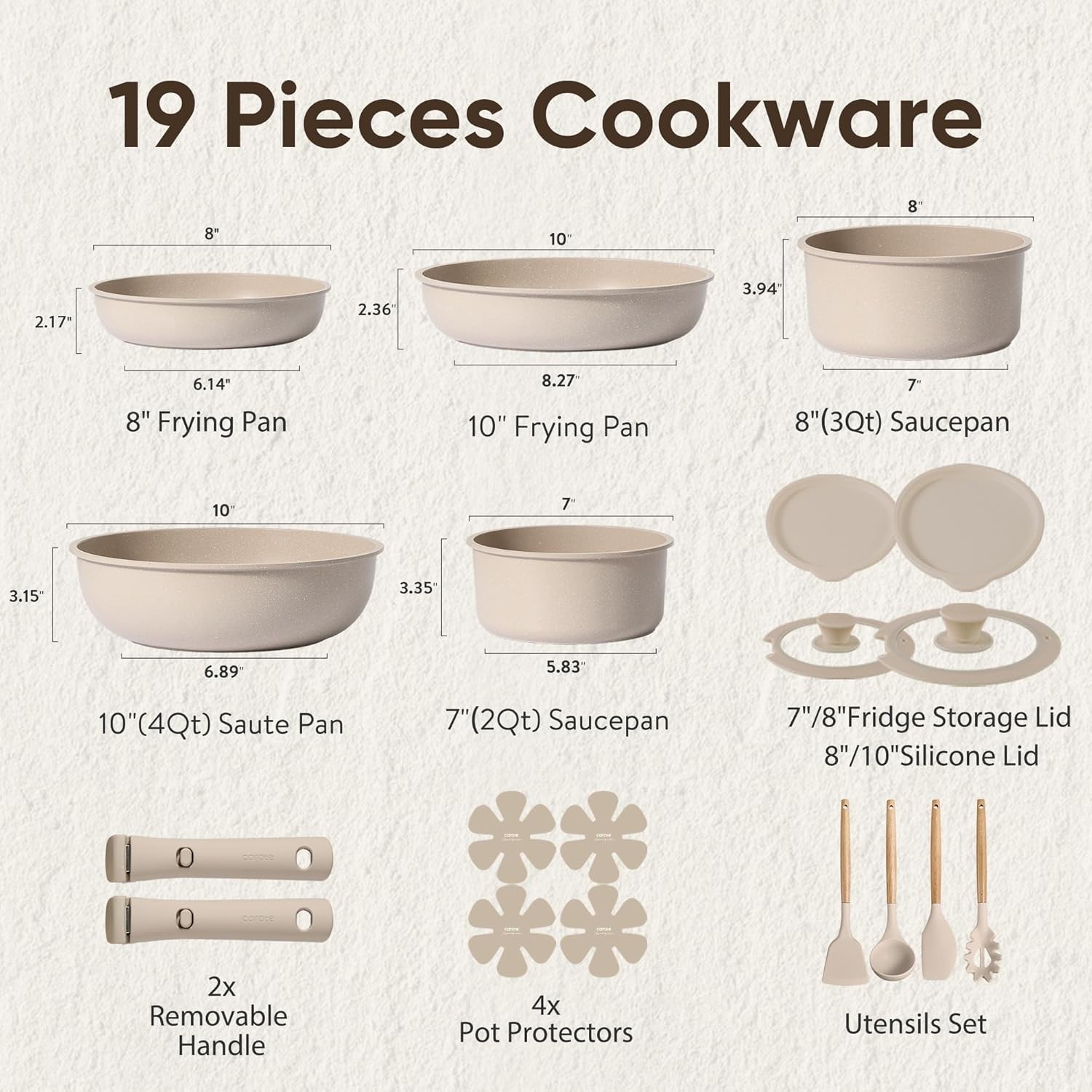 CAROTE 19pcs Pots and Pans Set Non Stick, Nonstick Cookware Set Detachable Handl