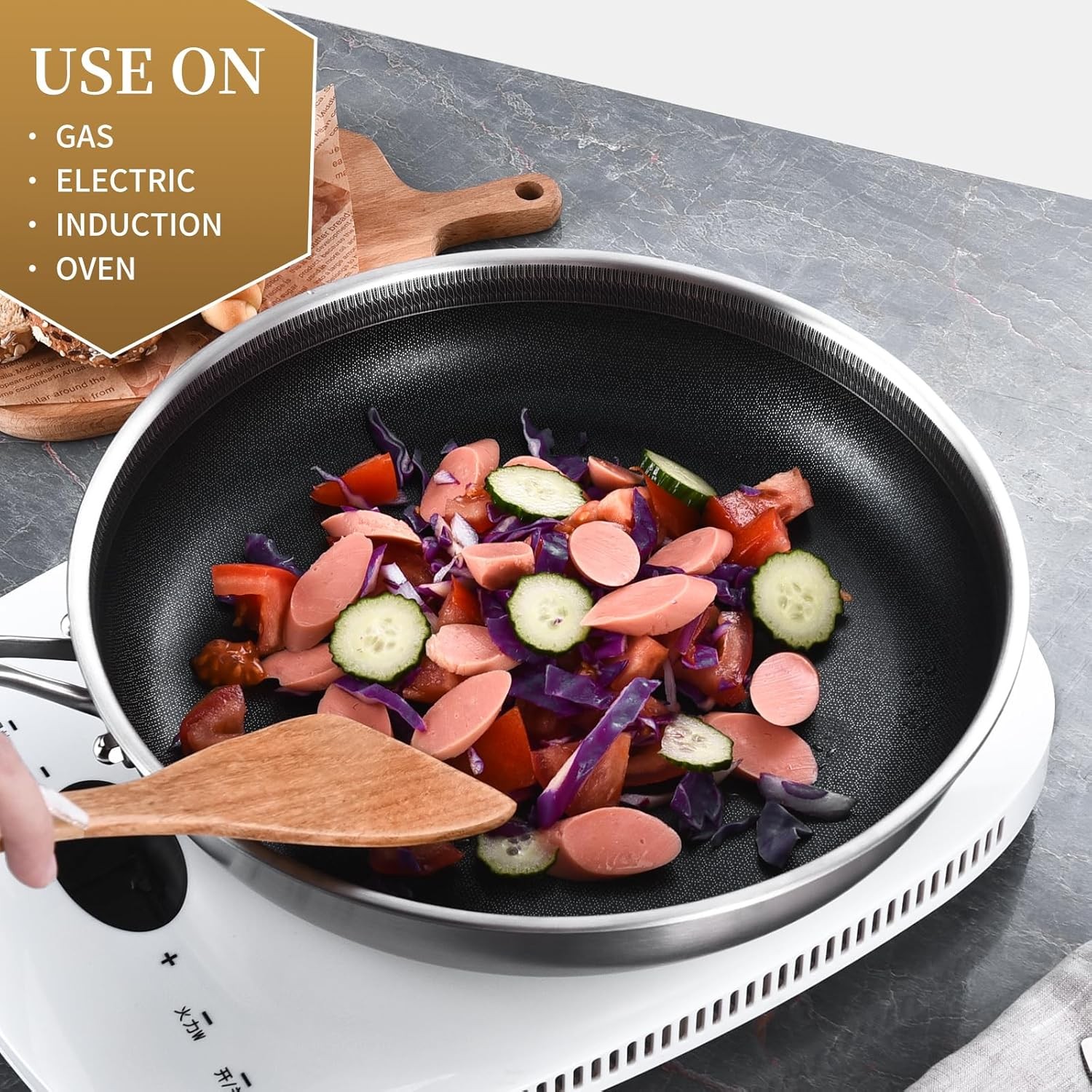 12-Inch Hybrid Stainless Steel Sauté Pan Skillet Non-stick Frying Pan with Lid