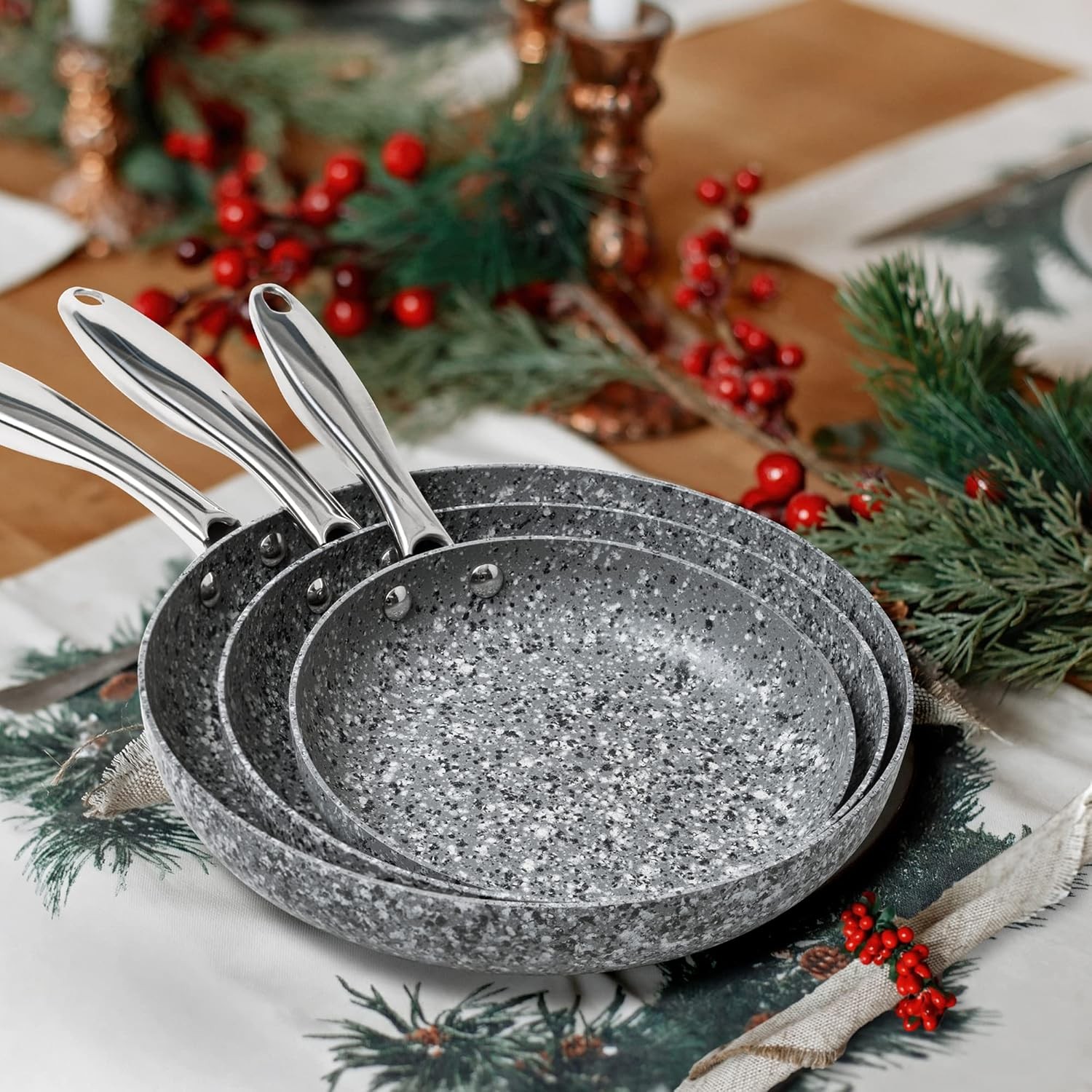 Frying Pans Set with 100% APEO & PFOA-Stone Non Stick Coating, Granite Skillet