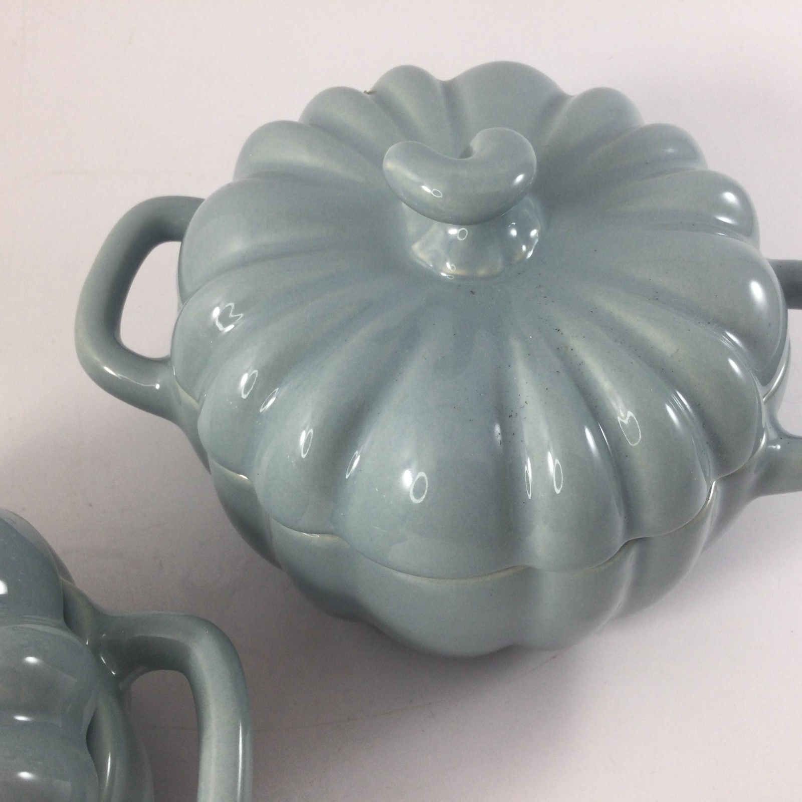 Crofton Mini Pumpkin Cocotte Stoneware Dishes with Lid Blue 5″ H Set of 2 New