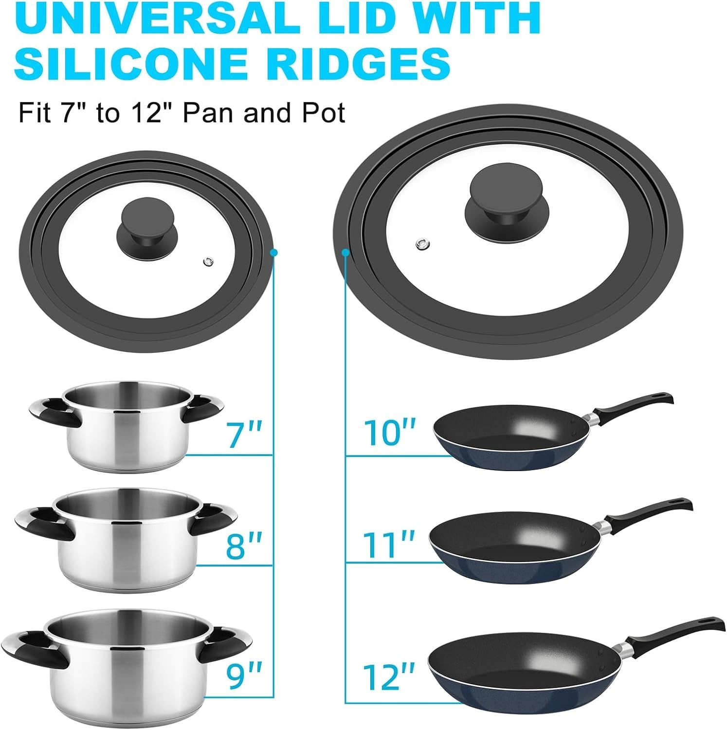 Universal Lids for Pots, Pans and Skillets, Fits 7″, 8″, 9″, 10″, 11″, 12″ Co…