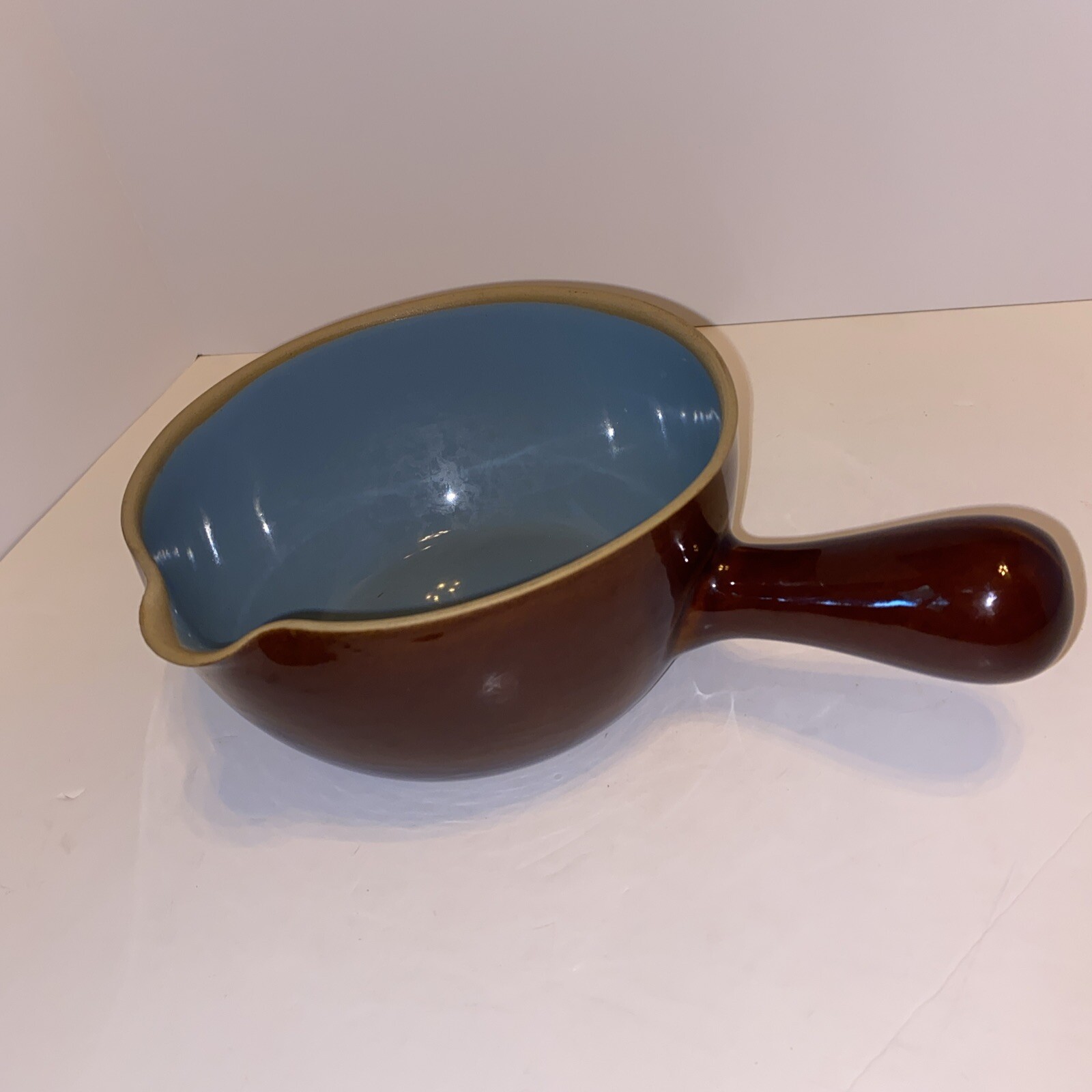 DENBY Stoneware Cooking Sauce Gravy Pot Pan Sky Blue & Brown Spout Handle 2 Pt