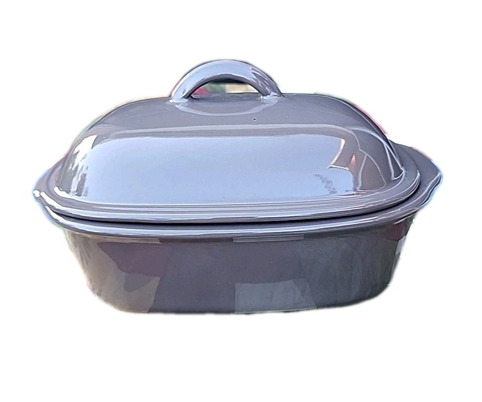 Pampered Chef USA 3.1Qt/3L Taupe Grey Lidded Baker Roaster Dutch Oven Stoneware