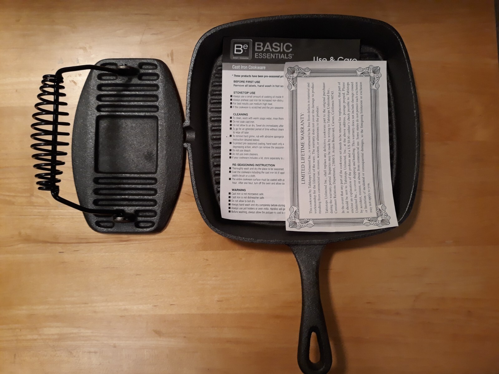 Basic Essentials Cast Iron 9.25” Ribbed Grill Pan With Press
