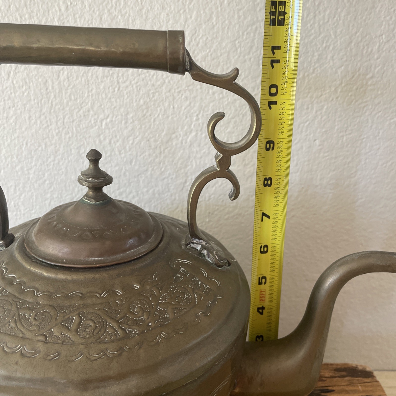 Kettle Teapot Early 20th Century French England Country Brass Sz L 11”H Engraved