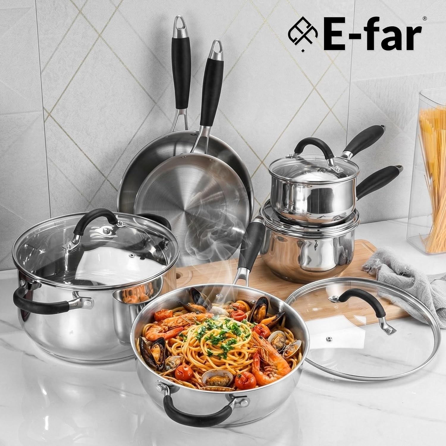 10-Piece Stainless Steel Cookware Set – Induction Tri-Ply Base Pots and Pans,…
