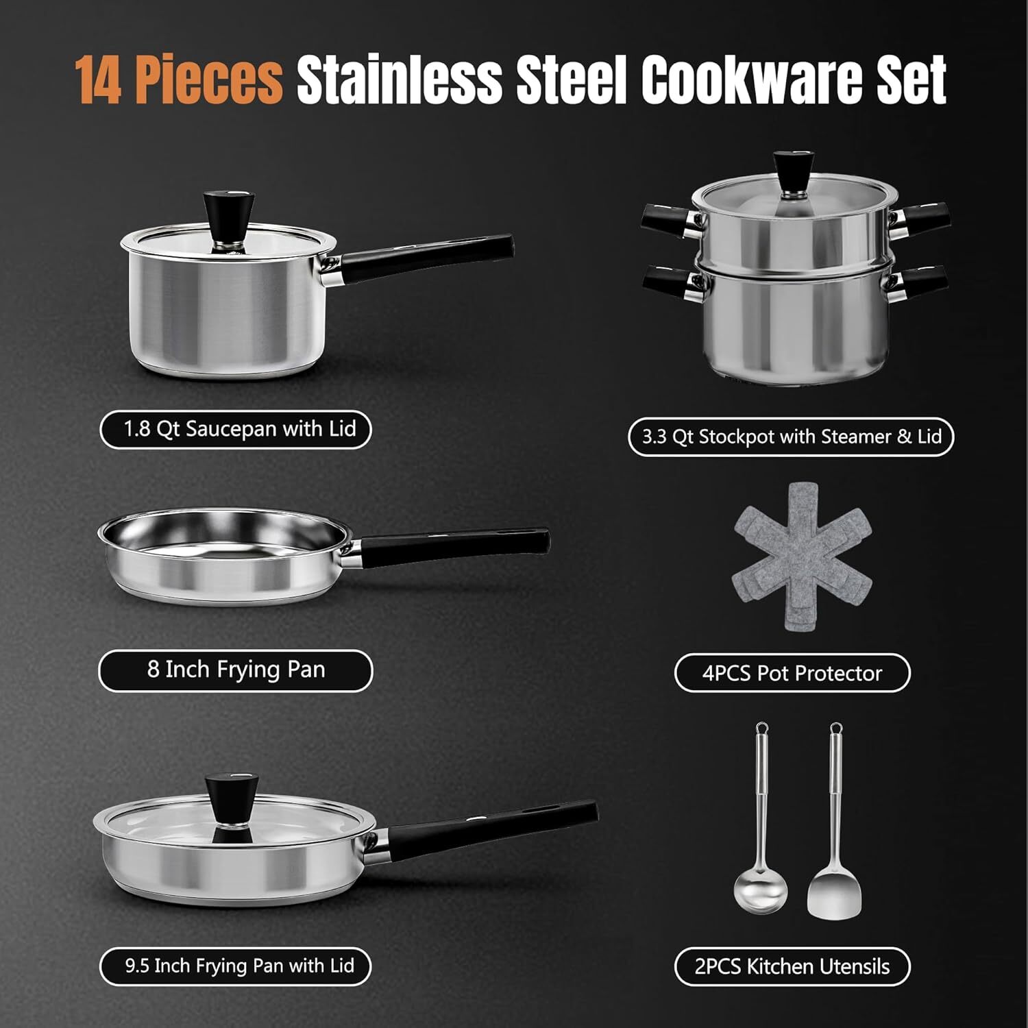 Stainless Steel Cookware Set – 14Pcs Pots and Pans Set with Glass Lids Utensils