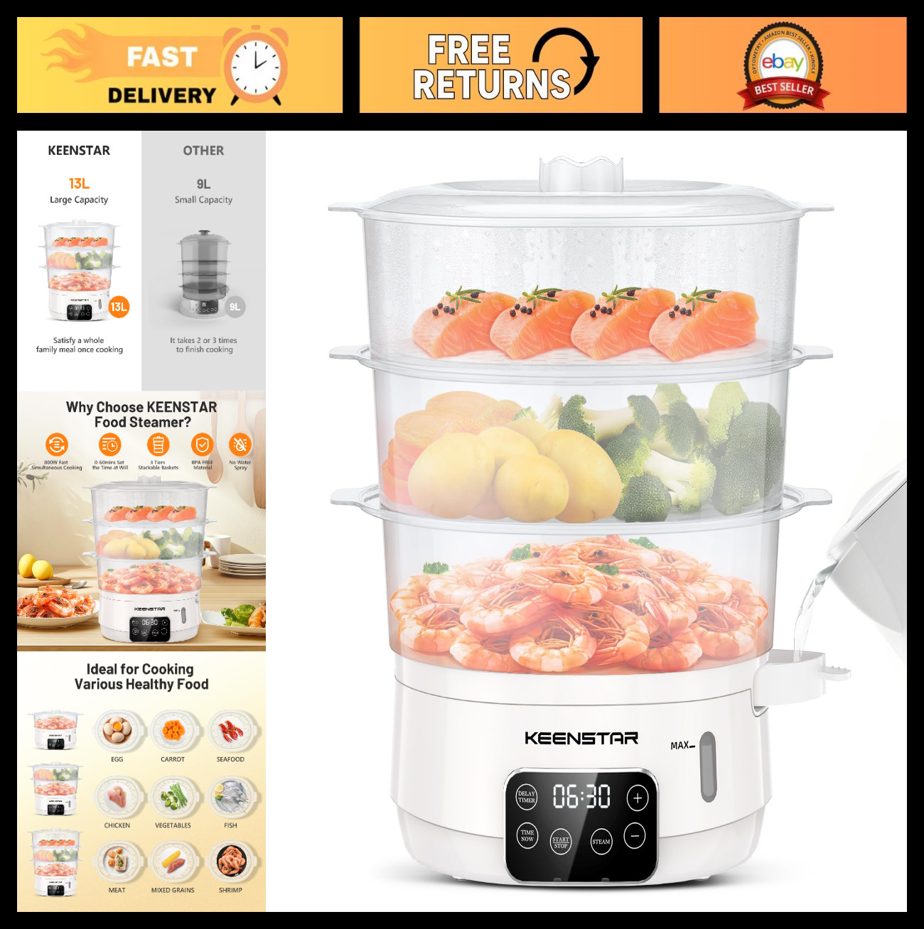 13.7QT Electric Food Steamer – 3-Tier BPA-Free, Digital Timer, 800W for Veggies,