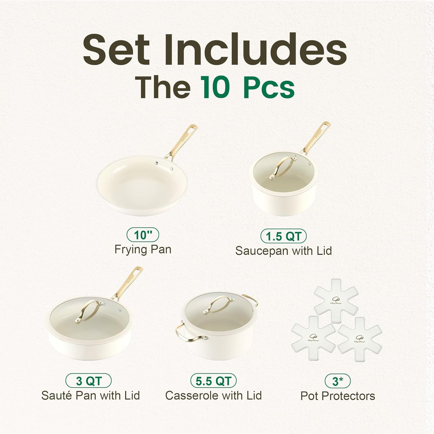 Elegant 10-Piece Non-Stick Ceramic Cookware Set with Stainless Steel Handles