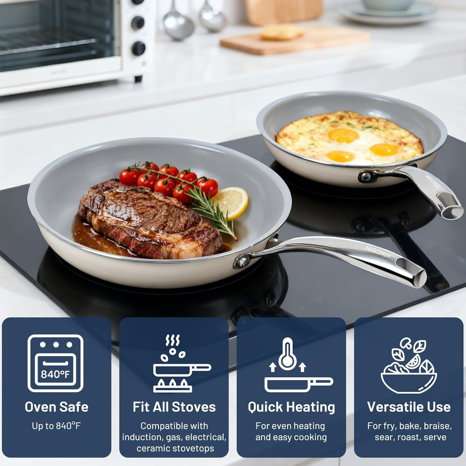 Ceramic Nonstick Frying Pan Set – 8, 9.5, 11 Inch Omelette Pans, Safe & Durable