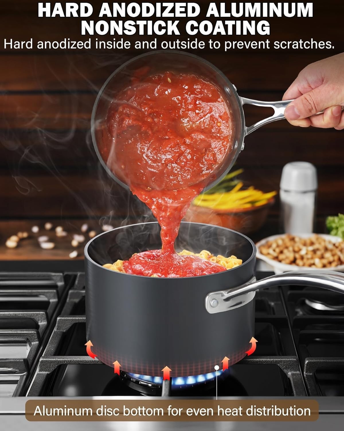 2 Qt Nonstick Saucepan w/ Glass Lid Hard Anodized Dishwasher Safe Black