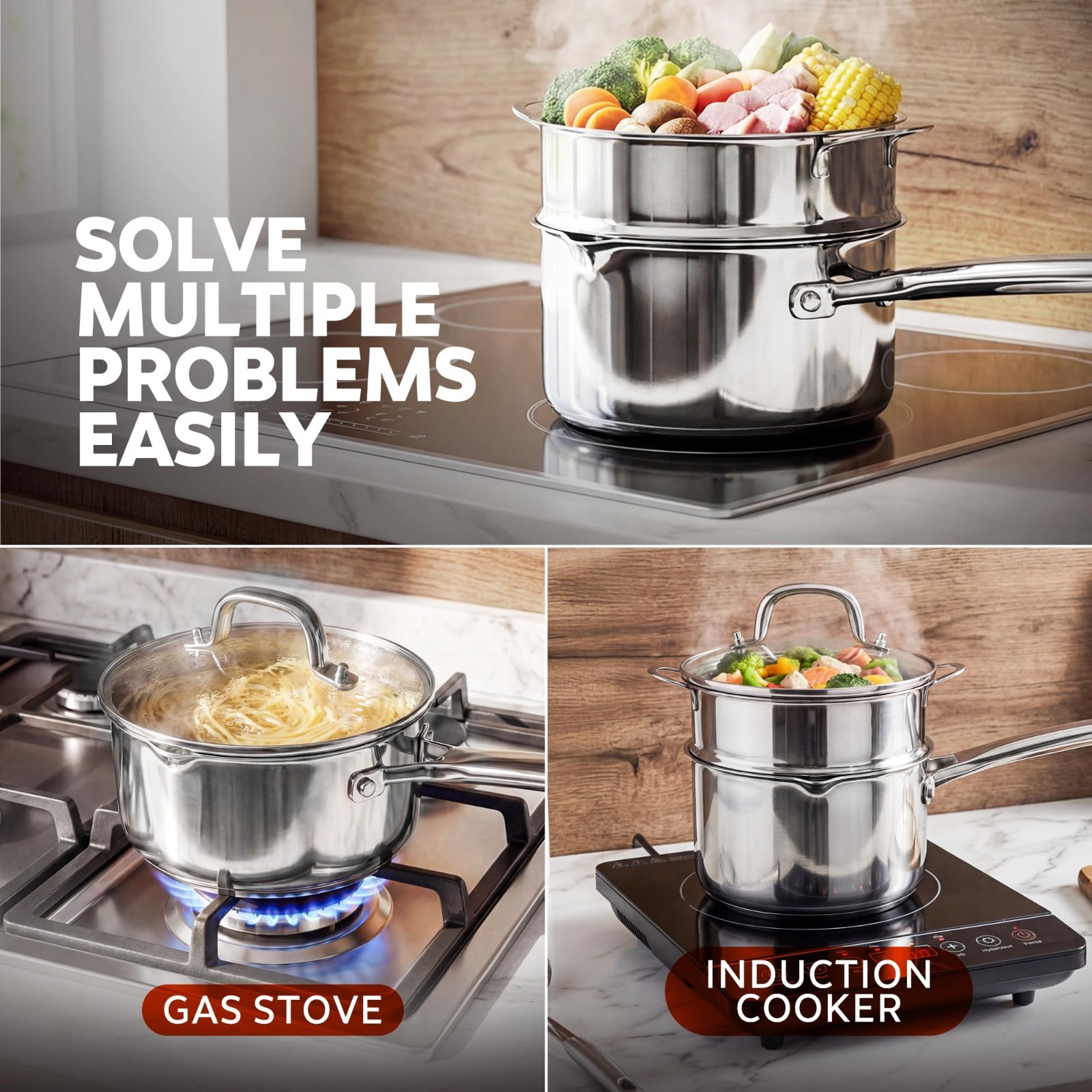 2-in-1 Stainless Steel Steamer & Saucepan Set – 1.5 Qt with Pour Spouts & Glass
