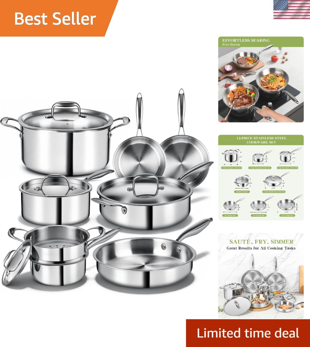 12-Piece Triple Ply Stainless Steel Cookware Set – Induction & Dishwasher Safe