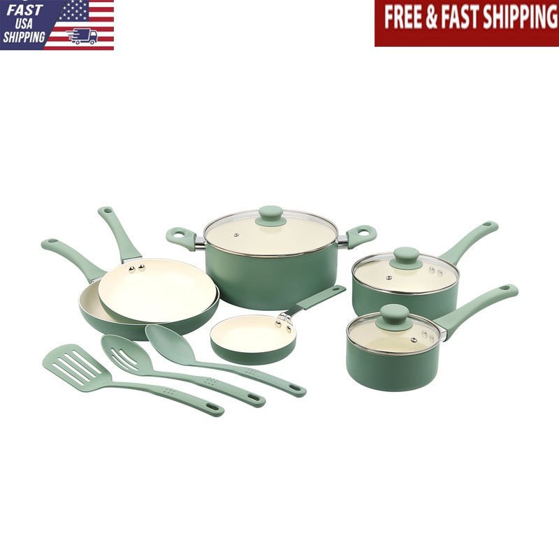 12 Pieces Ceramic Nonstick Cookware Set Heat Efficient Aluminum Kitchen Utensils