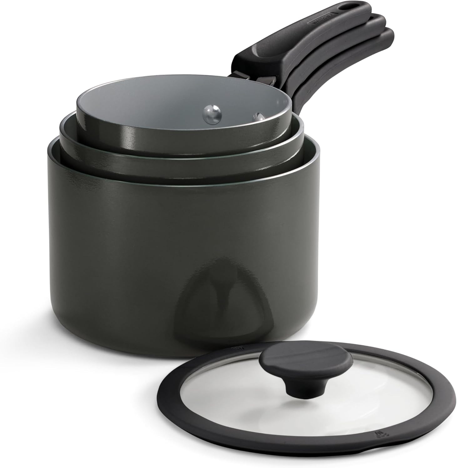 Dark Gray Nonstick Ceramic 6-Piece Nesting Saucepan Set with Lids