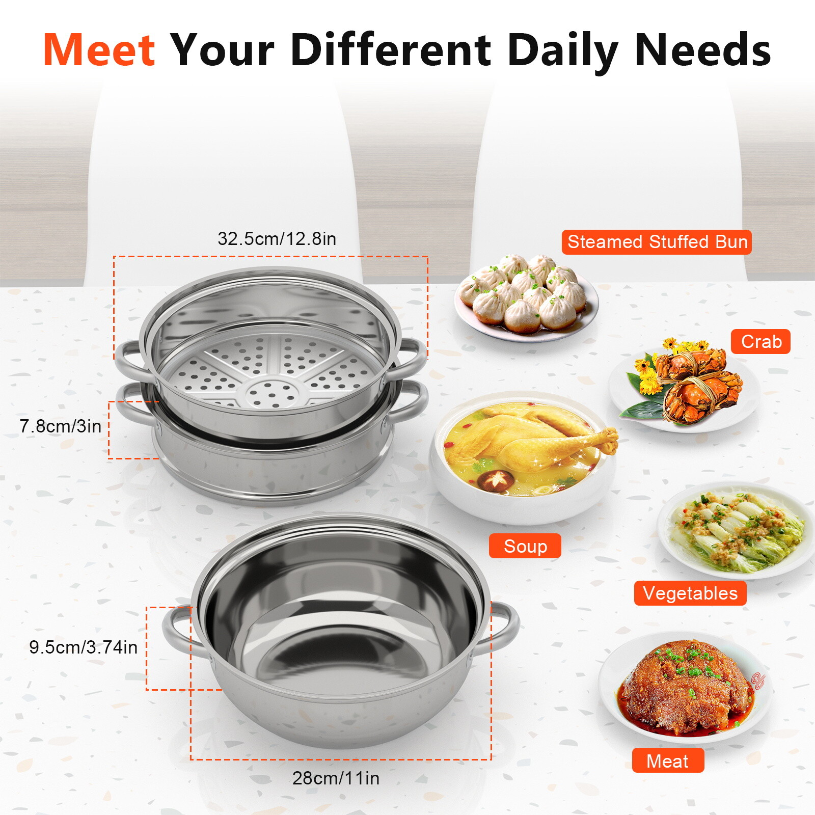 3Tier Steamer Cooker Steam Pot Food Veg Cooking Stainless Steel Kitchen Cookware