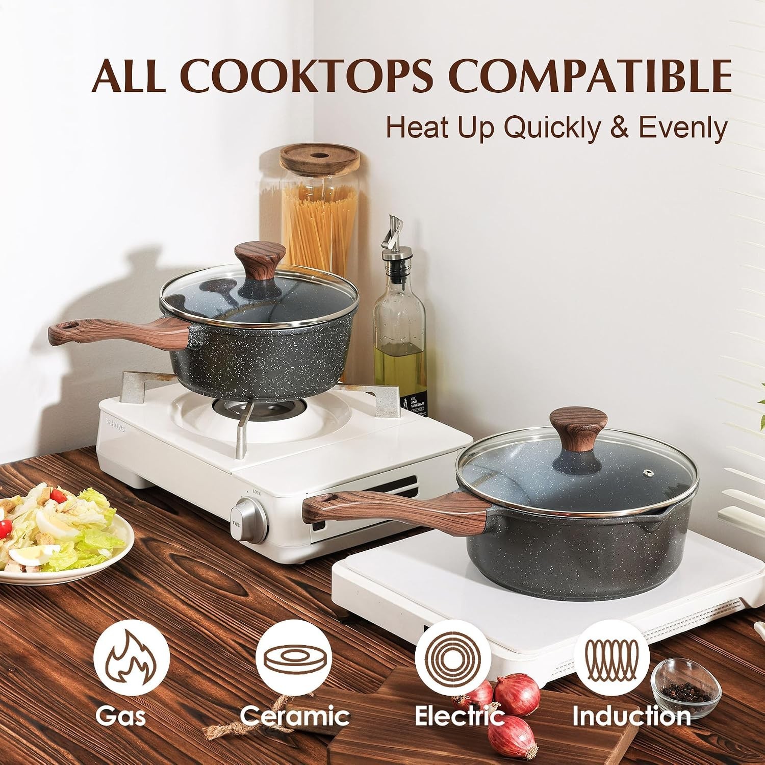 Compact 2.0 QT Nonstick Saucepan with Tempered Glass Lid for Healthy Cooking