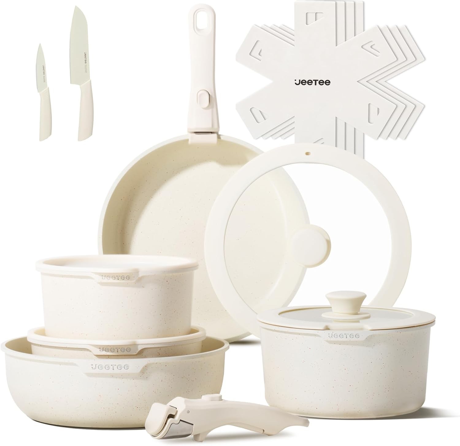 JEETEE Pots and Pans Set Non Stick 17pcs, Kitchen Cookware Sets with Detachable
